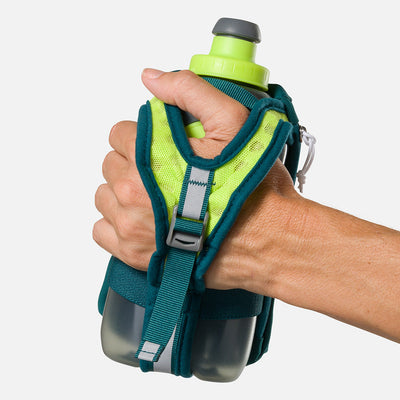 color:Deep Teal/Reflective Silver||seo:Nathan SpeedDraw 2 18oz Flask - Deep Teal/Reflective Silver - Model Gripping Handheld Flask - Back View