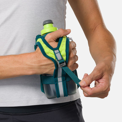 color:Deep Teal/Reflective Silver||seo:Nathan SpeedDraw 2 18oz Flask - Deep Teal/Reflective Silver - Model Tightening Strap for Better Fit