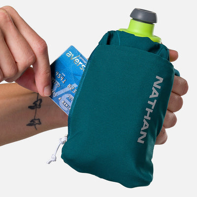 color:Deep Teal/Reflective Silver||seo:Nathan SpeedDraw 2 12oz Handheld Flask - Deep Teal/Reflective Silver - Model Pulling Credit Card from Zippered Pouch