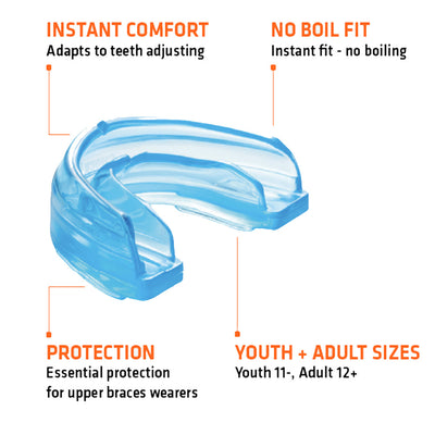 Braces Mouthguard Features: 1) Instant Comfort: Adapts to Teeth Adjusting 2) No Boil Fit: Instant Fit - No Boiling 3) Protection: Essential Protection For Upper Braces Wearers 3) Youth+ Adult Sizes: Youth Under Age 11, Adult Over Age 12