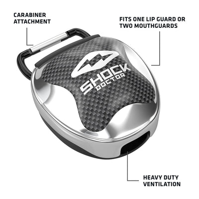 Shock Doctor Protective Mouthguard Case - Chrome Silver - Tech Specs - Carabiner Attachment, Heavy Duty Ventilated, Secure Closure