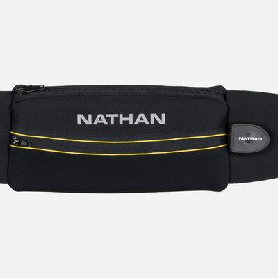 color:Black/High Vis Yellow||seo:Nathan Laser Light 5K Belt RX - Black/High Vis Yellow - Detail Front View of Lighting Highlights and Button