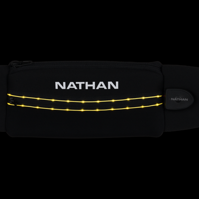 color:Black/High Vis Yellow||seo:Nathan Laser Light 5K Belt RX - Black/High Vis Yellow - Detail Front View of Lighting Highlights (Turned On in the Dark) and Button