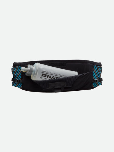 Nathan Pinnacle Belt - Black/Blue Me Away - 20oz Soft Flask Being Pulled Out of Belt