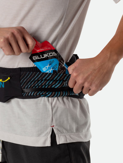 Nathan Pinnacle Belt - Black/Blue Me Away - Runner Pulling Glukos Energy Gel From Storage Pocket