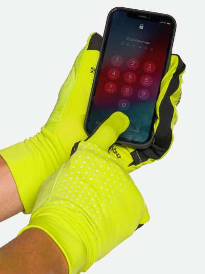 Nathan HyperNight Reflective Convertible Mitts - Hi Vis Yellow - Model Unlocking Cell Phone with Gloves On