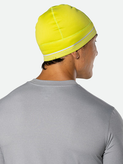Nathan HyperNight Reflective Safety Beanie - Hi Vis Yellow - On Model - Back Side View