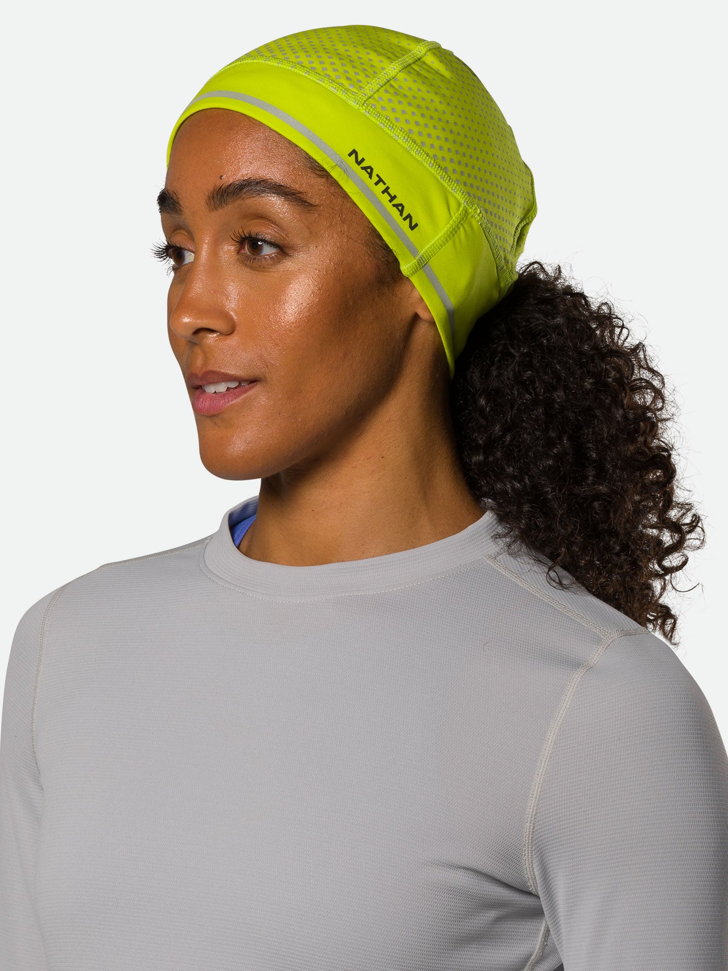 Nathan HyperNight Reflective Ponytail Safety Beanie - Hi Vis Yellow - On Model - Front View