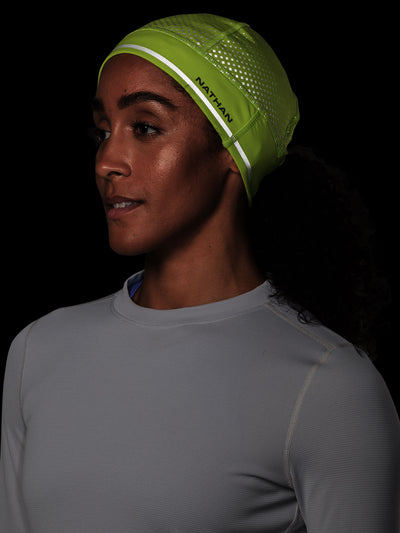 Nathan HyperNight Reflective Ponytail Safety Beanie - Hi Vis Yellow - On Model - Front View (Reflective Detail)