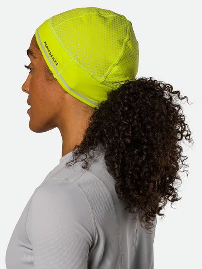 Nathan HyperNight Reflective Ponytail Safety Beanie - Hi Vis Yellow - On Model - Back Side View