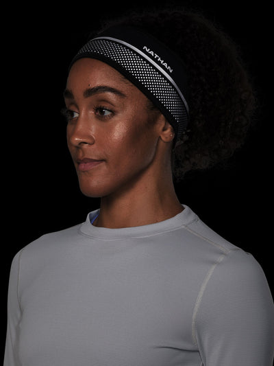 Nathan HyperNight Reflective Safety Headband - Black - On Model - Front View (Reflective Detail)