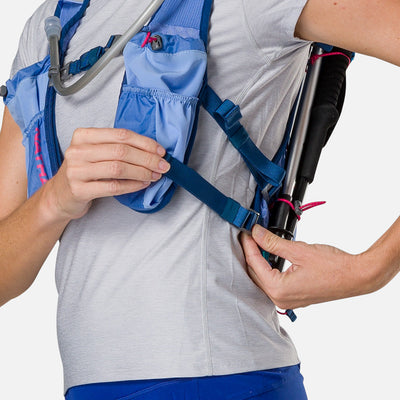 color:Periwinkle/Estate Blue||seo:Nathan TrailMix 2.0 12 Liter Unisex Hydration Pack - Periwinkle/Estate Blue - Female Runner Tightening Sternum Straps