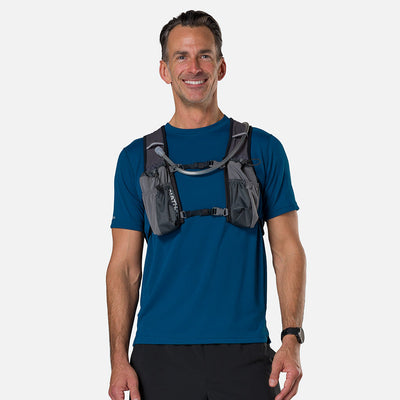 color:Charcoal/Reflective Silver||view:sku image back||seo:Nathan TrailMix 2.0 12 Liter Unisex Hydration Pack - Charcoal/Reflective Silver -  Male Runner Front View