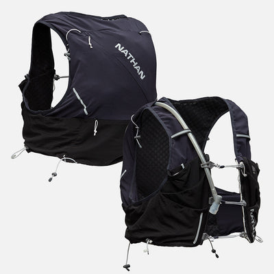 color:Black/Reflective Silver||seo:Nathan Pinnacle Pro 12 Liter Unisex Hydration Race Vest - Black/Reflective Silver - Front & Back of Pack