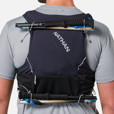 color:Black/Reflective Silver||seo:Nathan Pinnacle Pro 12 Liter Unisex Hydration Race Vest - Black/Reflective Silver - Detail View of 4 Pole Keepers Located at Top and Bottom of Vest