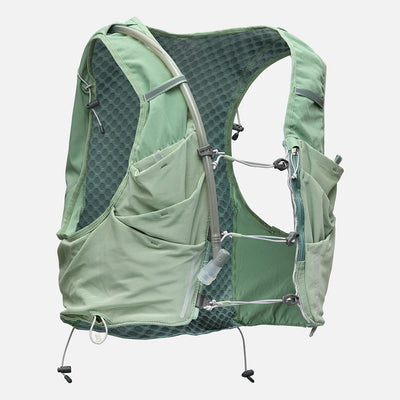 color:Sage Green/Reflective Silver||seo:Nathan Pinnacle Pro 12 Liter Unisex Hydration Race Vest - Sage Green/Reflective Silver - Front of Pack