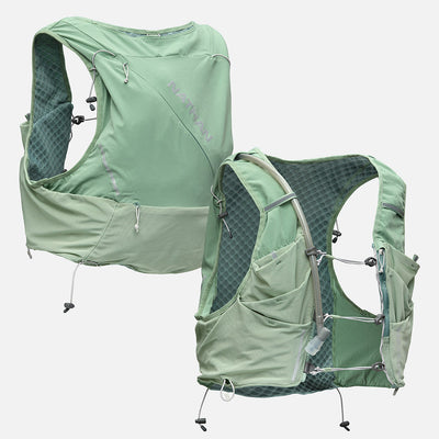 color:Sage Green/Reflective Silver||seo:Nathan Pinnacle Pro 12 Liter Unisex Hydration Race Vest - Sage Green/Reflective Silver - Front & Back of Pack