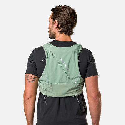 color:Sage Green/Reflective Silver||seo:Nathan Pinnacle Pro 12 Liter Unisex Hydration Race Vest - Sage Green/Reflective Silver - Male Runner Back View