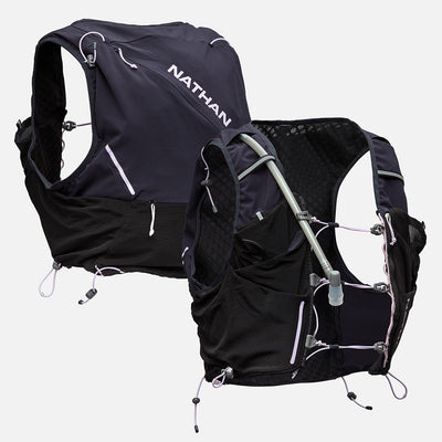 color:Black/Lilac Breeze||seo:Nathan Pinnacle Pro 12 Liter Women's Hydration Race Vest - Black/Lilac Breeze - Front & Back of Pack