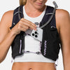 color:Black/Lilac Breeze||seo:Nathan Pinnacle Pro 12 Liter Women's Hydration Race Vest - Black/Lilac Breeze - Female Runner Pulling iPhone From Front Storage Pocket