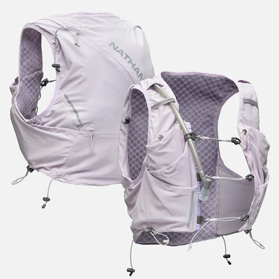 color:Lilac Breeze/Reflective Silver||seo:Nathan Pinnacle Pro 12 Liter Women's Hydration Race Vest - Lilac Breeze/Reflective Silver - Front & Back of Pack