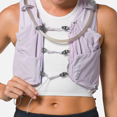 color:Lilac Breeze/Reflective Silver||seo:Nathan Pinnacle Pro 12 Liter Women's Hydration Race Vest - Lilac Breeze/Reflective Silver - Model Adjusting Sternum Slider Cord System