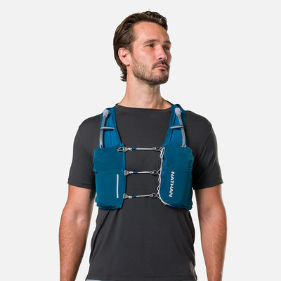 color:Sailor Blue/Reflective Silver||view:sku image back||seo:Nathan Pinnacle Pro 6 Liter Unisex Hydration Race Vest - Sailor Blue/Reflective Silver - Male Runner Front View