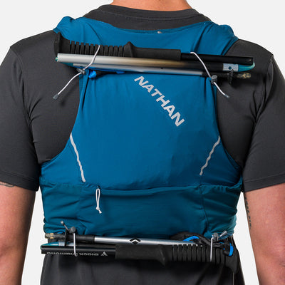 color:Sailor Blue/Reflective Silver||seo:Nathan Pinnacle Pro 6 Liter Unisex Hydration Race Vest - Sailor Blue/Reflective Silver - Detail View of 4 Pole Keepers Located at Top and Bottom of Vest