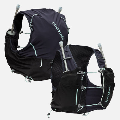 color:Black/Surf Spray||seo:Nathan Pinnacle Pro 6 Liter Women's Hydration Race Vest - Black/Surf Spray - Front & Back of Pack