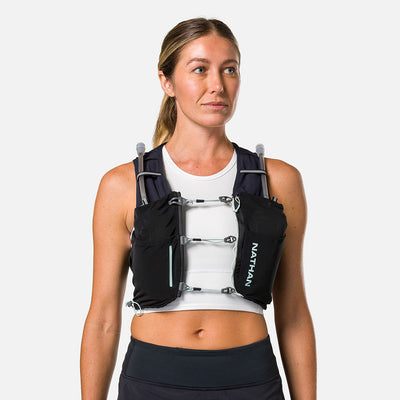 color:Black/Surf Spray||view:sku image back||seo:Nathan Pinnacle Pro 6 Liter Women's Hydration Race Vest - Black/Surf Spray - Female Runner Front View