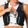 color:Black/Surf Spray||seo:Nathan Pinnacle Pro 6 Liter Women's Hydration Race Vest - Black/Surf Spray - Female Runner Pulling iPhone From Front Storage Pocket