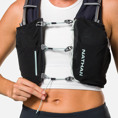 color:Black/Surf Spray||seo:Nathan Pinnacle Pro 6 Liter Women's Hydration Race Vest - Black/Surf Spray - Model Adjusting Sternum Slider Cord System
