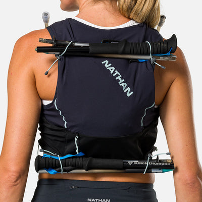 color:Black/Surf Spray||seo:Nathan Pinnacle Pro 6 Liter Women's Hydration Race Vest - Black/Surf Spray - Detail View of 4 Pole Keepers Located at Top and Bottom of Vest