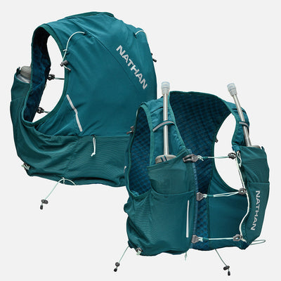 color:Deep Teal/Reflective Silver||seo:Nathan Pinnacle Pro 6 Liter Women's Hydration Race Vest - Deep Teal/Reflective Silver - Front & Back of Pack