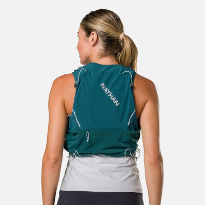 color:Deep Teal/Reflective Silver||seo:Nathan Pinnacle Pro 6 Liter Women's Hydration Race Vest - Deep Teal/Reflective Silver - Female Runner Back View