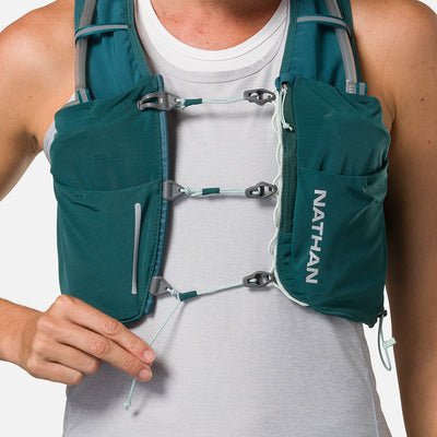 color:Deep Teal/Reflective Silver||seo:Nathan Pinnacle Pro 6 Liter Women's Hydration Race Vest - Deep Teal/Reflective Silver - Model Adjusting Sternum Slider Cord System