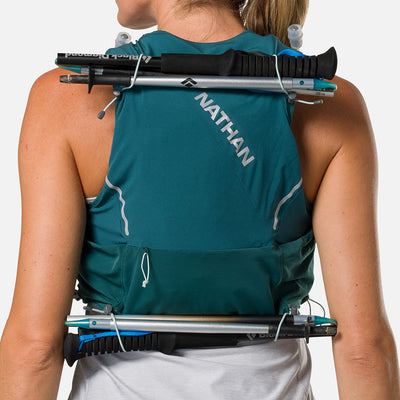 color:Deep Teal/Reflective Silver||seo:Nathan Pinnacle Pro 6 Liter Women's Hydration Race Vest - Deep Teal/Reflective Silver - Detail View of 4 Pole Keepers Located at Top and Bottom of Vest