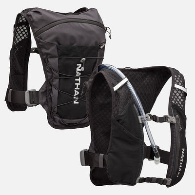 color:Black/Reflective Silver||seo:Nathan QuickStart 3.0 6 Liter Hydration Pack - Black/Reflective Silver - Front & Back of Pack