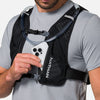 color:Black/Reflective Silver||seo:Nathan QuickStart 3.0 6 Liter Hydration Pack - Black/Reflective Silver - On Model - Model Pulling iPhone From Front Zippered Pocket