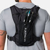 color:Black/Reflective Silver||seo:Nathan QuickStart 3.0 6 Liter Hydration Pack - Black/Reflective Silver - On Model - Large back expandable mesh pocket perfect for clothes, gear and other larger essentials, plus elastic pole keeper