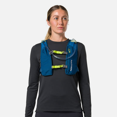 color:Sailor Blue/Reflective Silver||view:sku image back||seo:Nathan QuickStart 3.0 6 Liter Hydration Pack - Sailor Blue/Reflective Silver - On Model - Front View