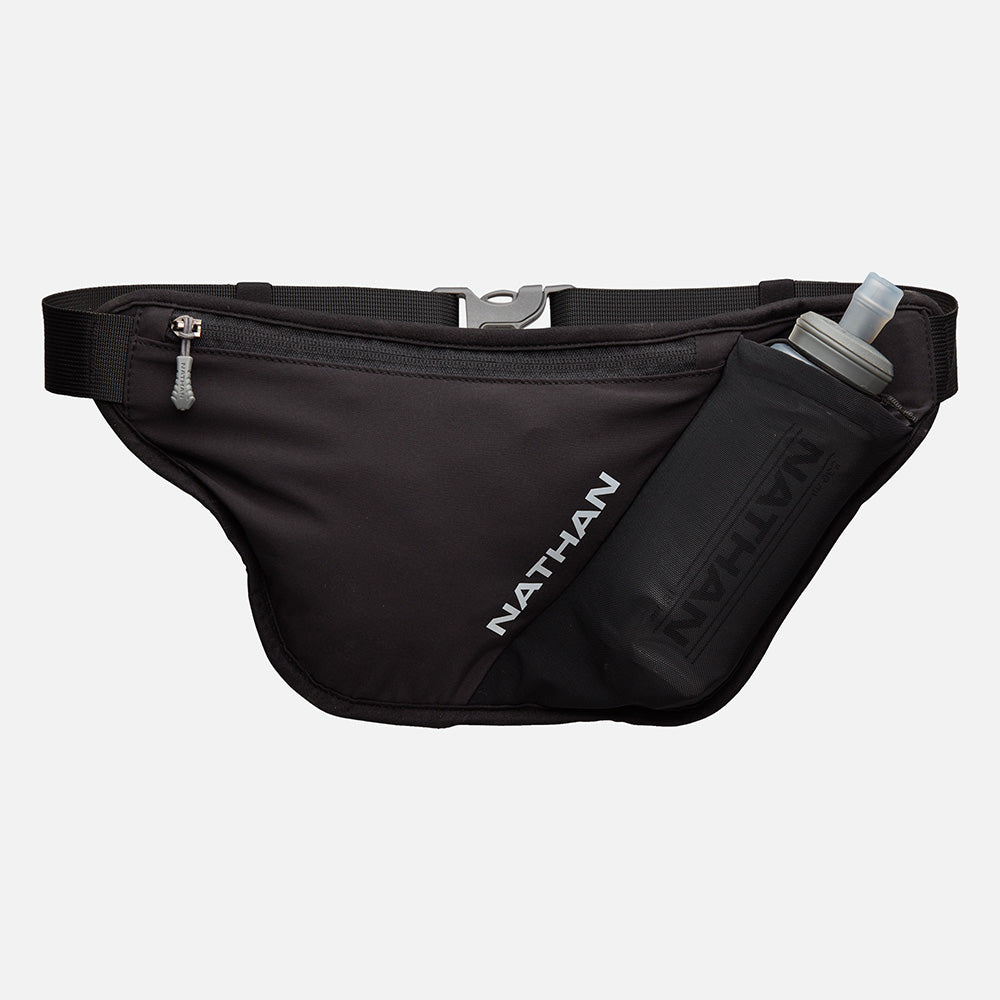 color:Black/Reflective Silver||view:sku image primary||seo:Nathan Pinnacle FeatherLite Unisex Hydration Waist Belt - Black/Reflective Silver - Front Hero View