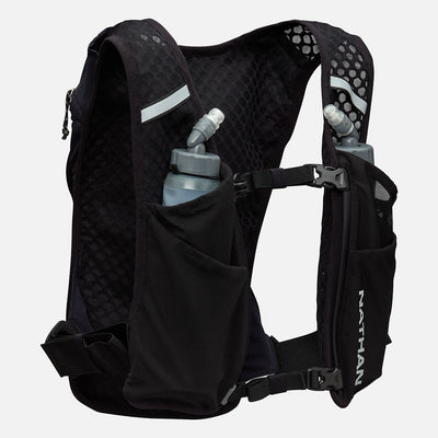 color:Black/Reflective Silver||seo:Nathan QuickStart 3.0 4 Liter Soft Flask Hydration Pack - Black/Reflective Silver - Front View