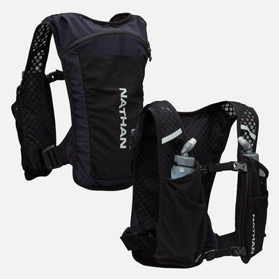 color:Black/Reflective Silver||seo:Nathan QuickStart 3.0 4 Liter Soft Flask Hydration Pack - Black/Reflective Silver - Front & Back of Pack