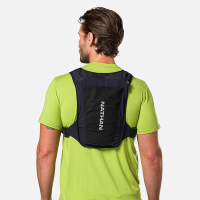 color:Black/Reflective Silver||seo:Nathan QuickStart 3.0 4 Liter Soft Flask Hydration Pack - Black/Reflective Silver - On Model - Back View