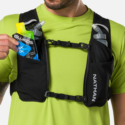 color:Black/Reflective Silver||seo:Nathan QuickStart 3.0 4 Liter Soft Flask Hydration Pack - Black/Reflective Silver - Model Pulling Glukos Liquid Energy Liquid Gel (Lemon Lime Flavor ) from Pouch