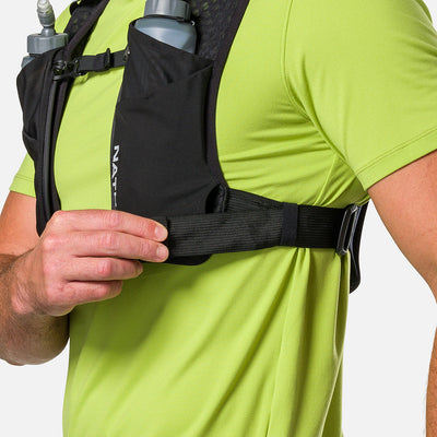 color:Black/Reflective Silver||seo:Nathan QuickStart 3.0 4 Liter Soft Flask Hydration Pack - Black/Reflective Silver - On Model - Model Adjusting Wide Side Straps For a Secure No Bounce Fit