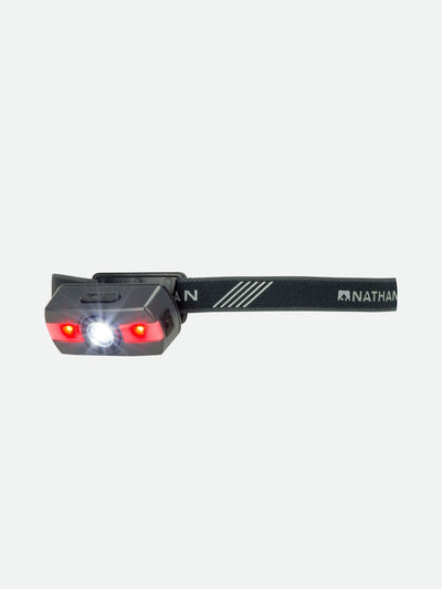 Nathan Neutron Fire RX 2.0 Runner's Headlamp – Charcoal Grey – Three Quarter View - Headlamp Tilted Down (Red Light On)