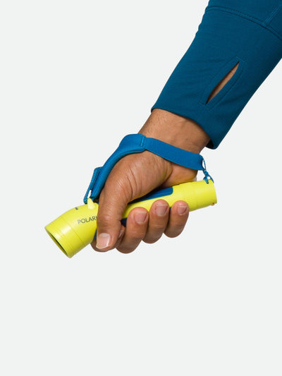 Nathan Polaris 200R Runner’s Hand Torch – Safety Yellow/Blue – On Model – Side View