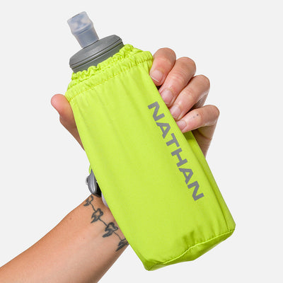 color:Finish Lime/Reflective Silver||seo:Nathan Pinnacle Soft 18oz Flask Insulated Handheld - Finish Lime/Reflective Silver - Model Gripping Handheld Flask - Front View
